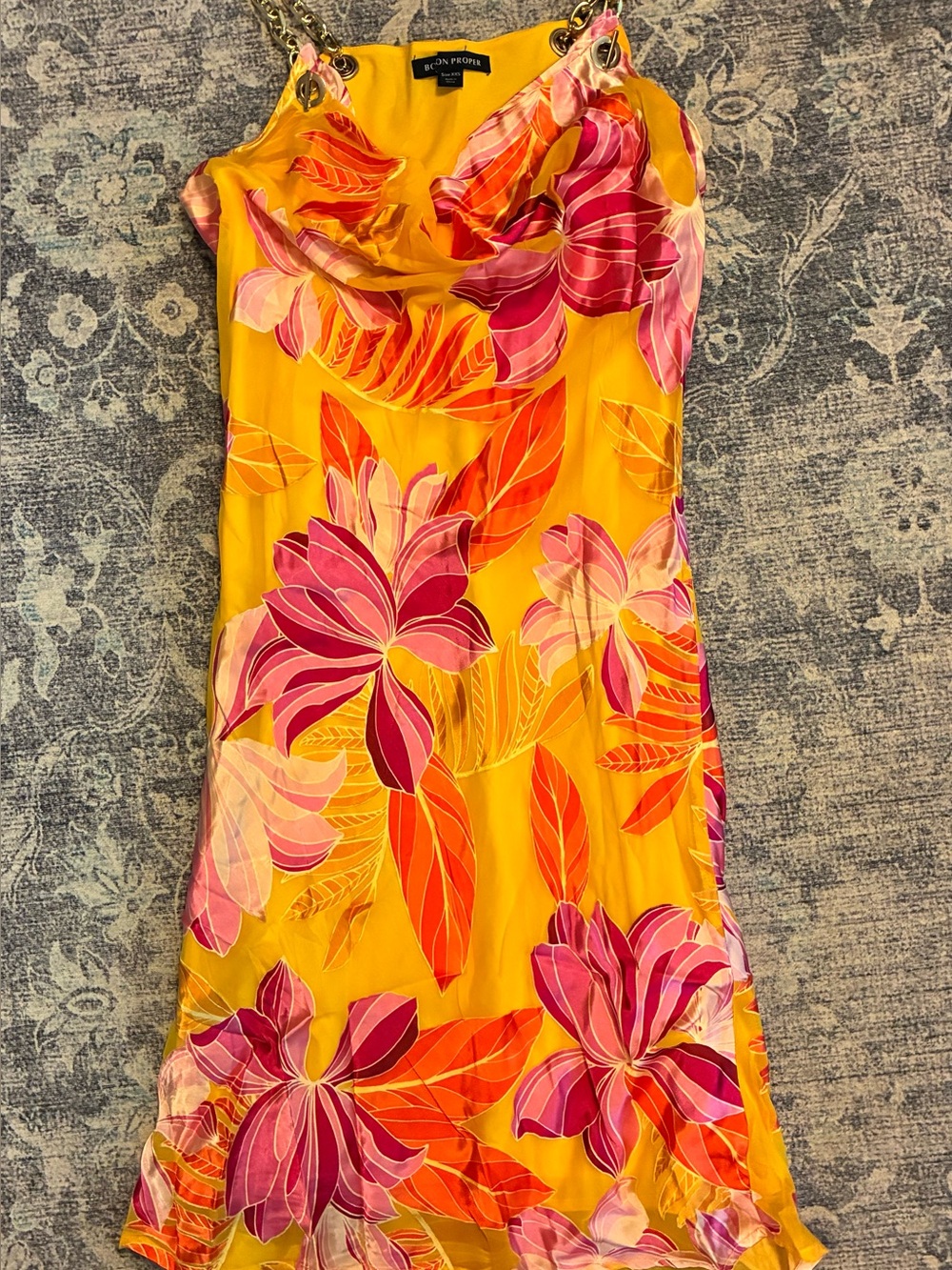 Boston Proper Yellow Floral Midi Slip Dress with Pink Accents